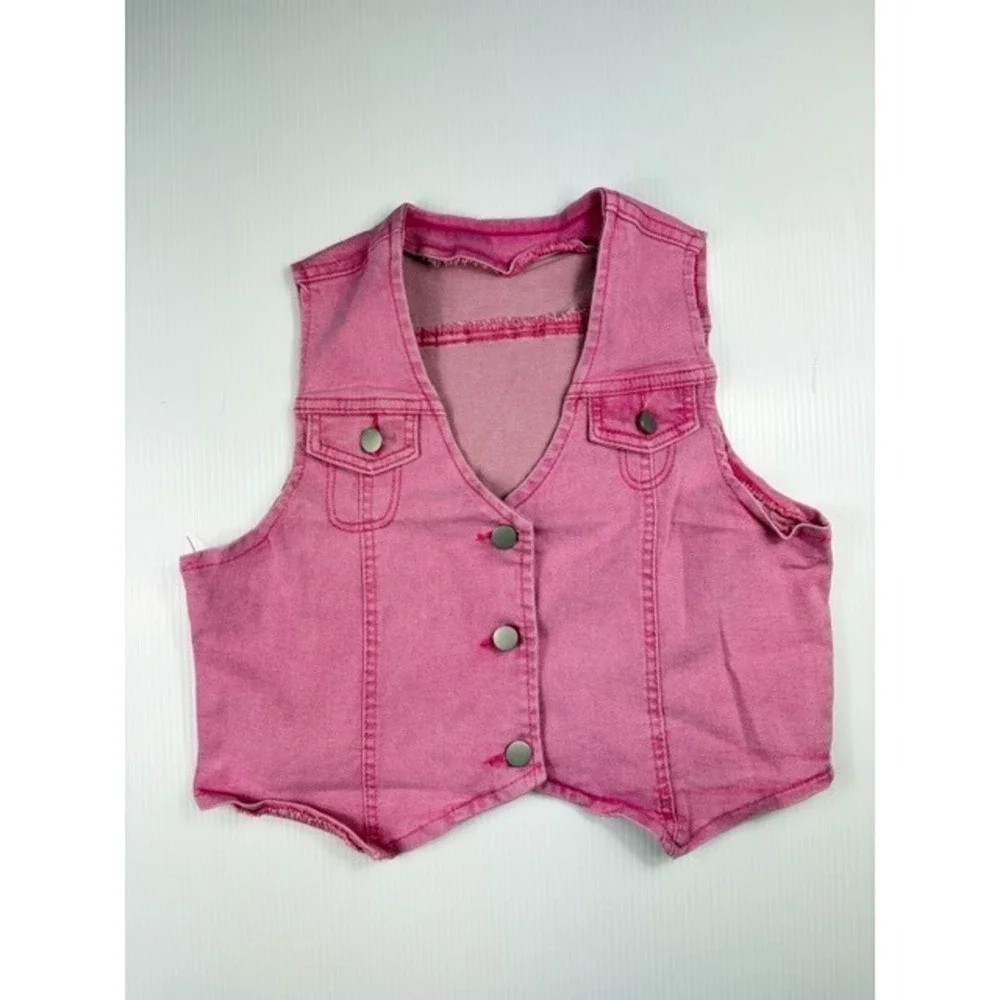 Y2K Pink Denim Two‎ Piece Set Crop Vest Raw Hem Star Cutout Shorts Size Small